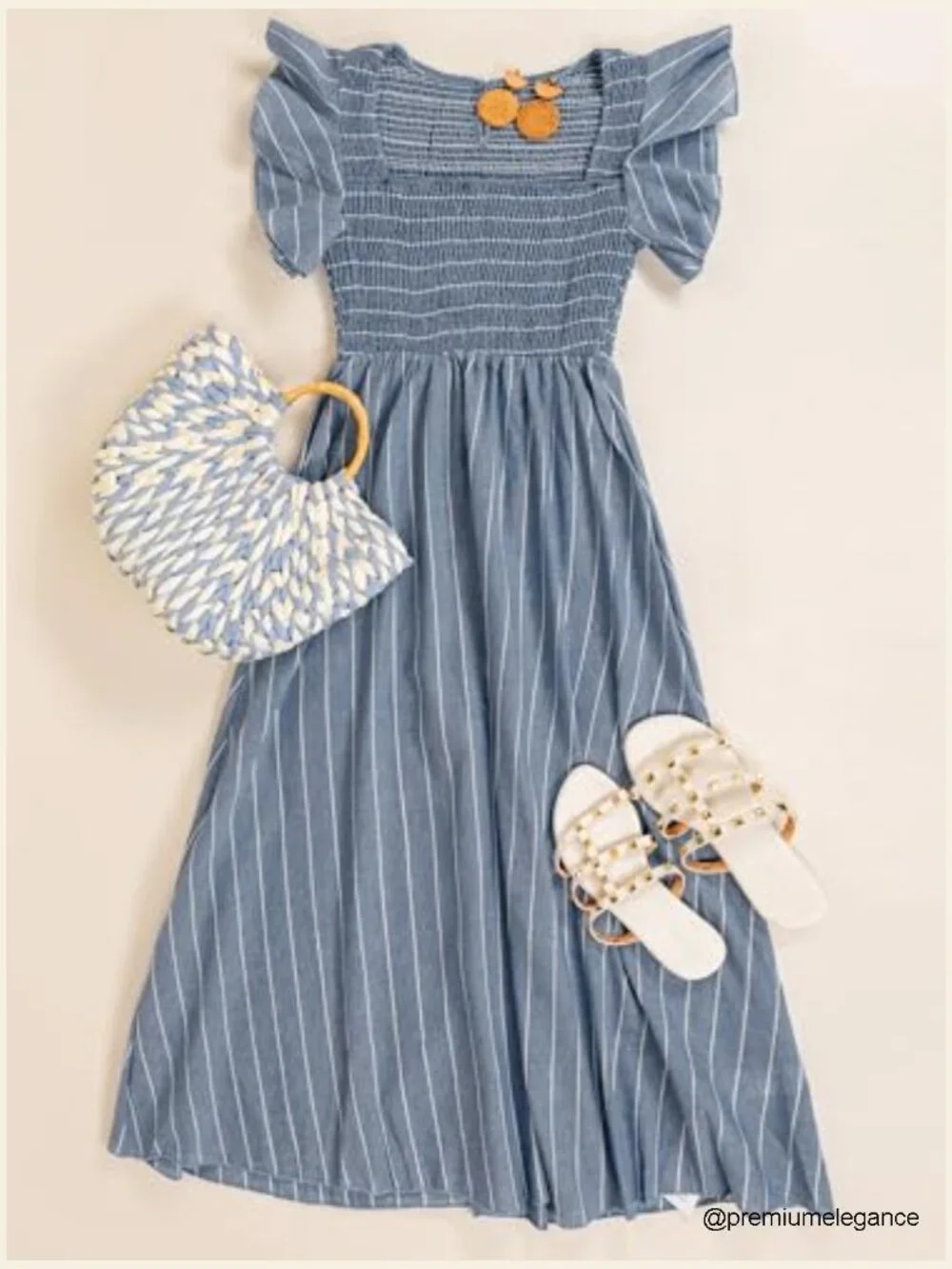 Striped Smocked Maxi Dress with Ruffled Sleeves, Square Neck, A-Line - Picture 6 of 6